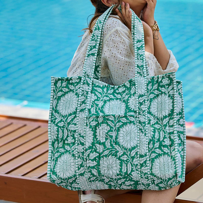 Anju Jewelry - Quilted Block-Printed Tote Bag with Travel Pouch