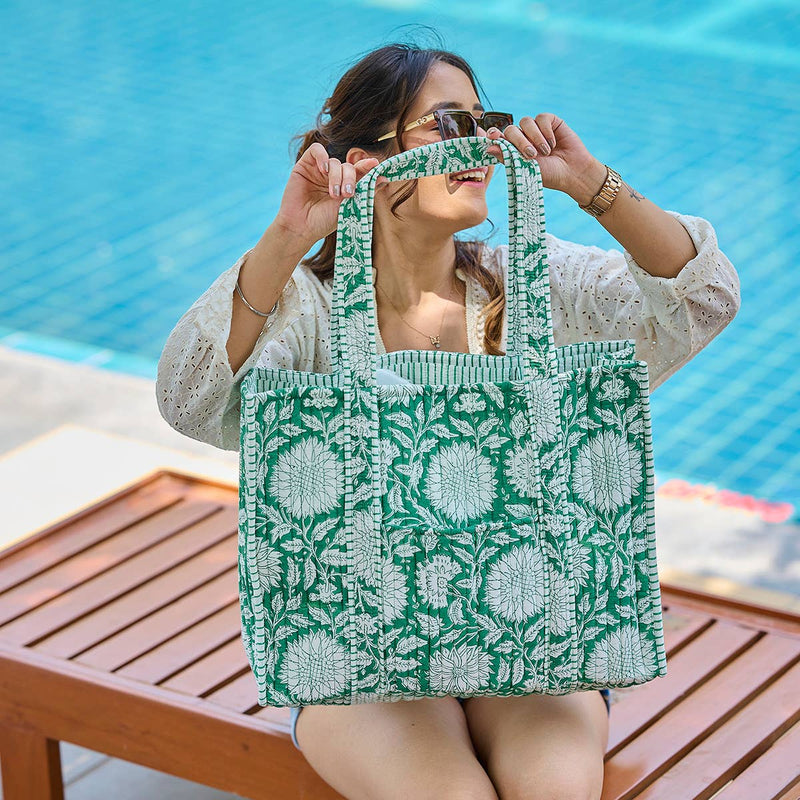 Anju Jewelry - Quilted Block-Printed Tote Bag with Travel Pouch