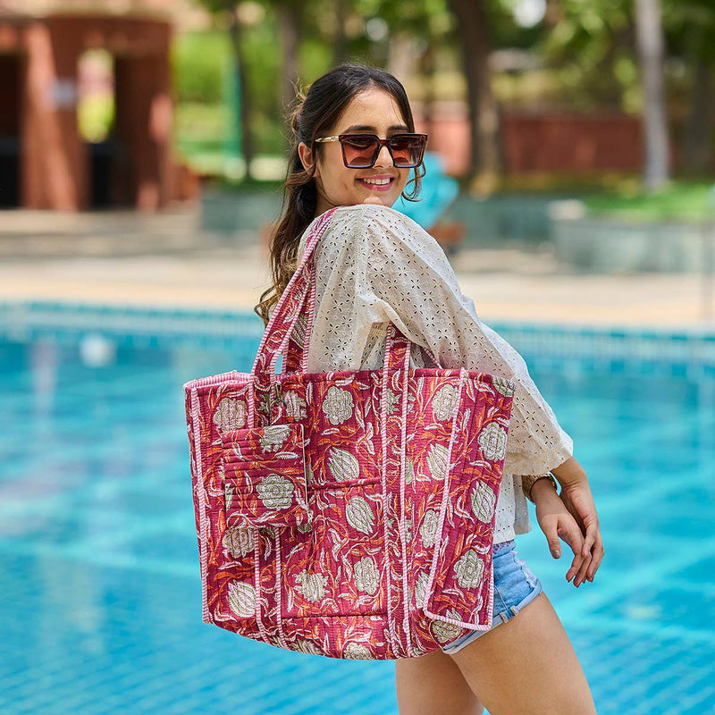 Anju Jewelry - Quilted Block-Printed Tote Bag with Travel Pouch