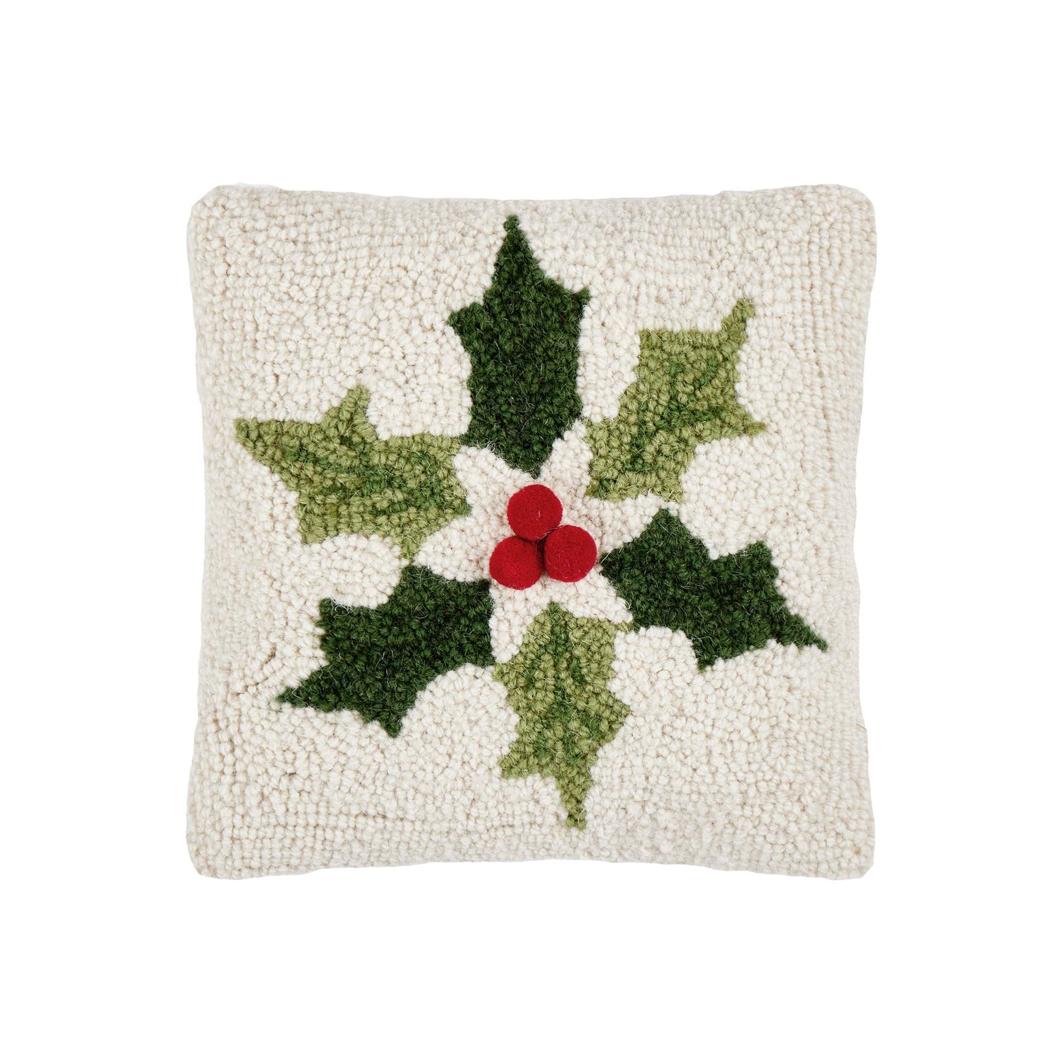 Peking Handicraft - Holly Snowflake w/Poms Hook Pillow