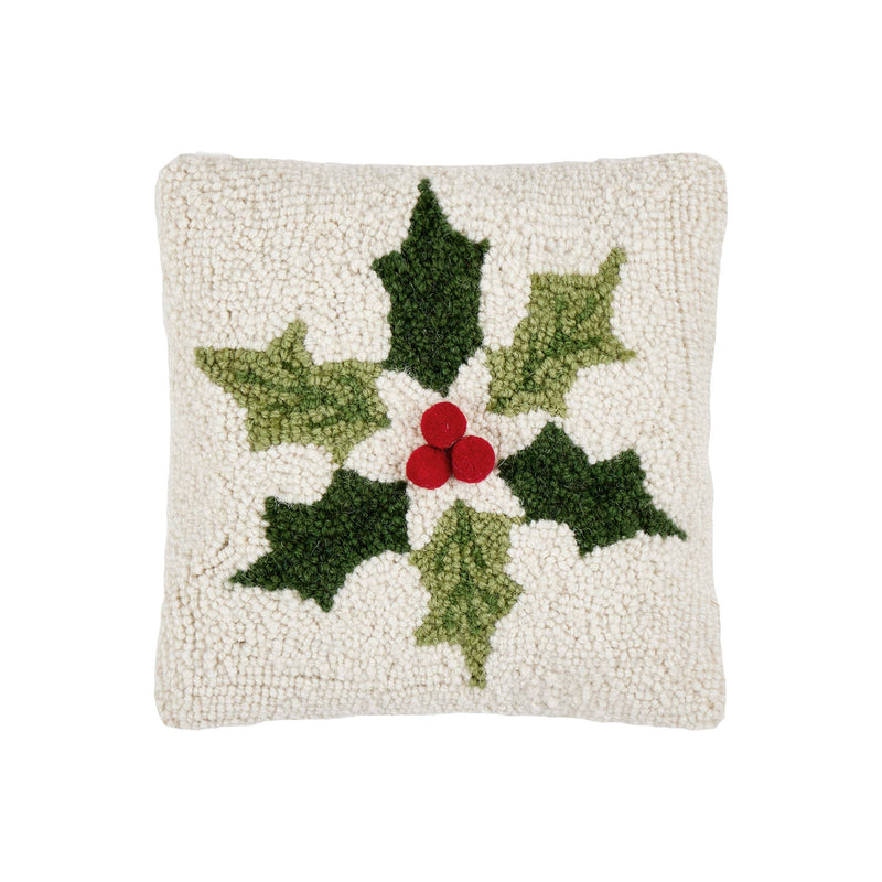 Peking Handicraft - Holly Snowflake w/Poms Hook Pillow